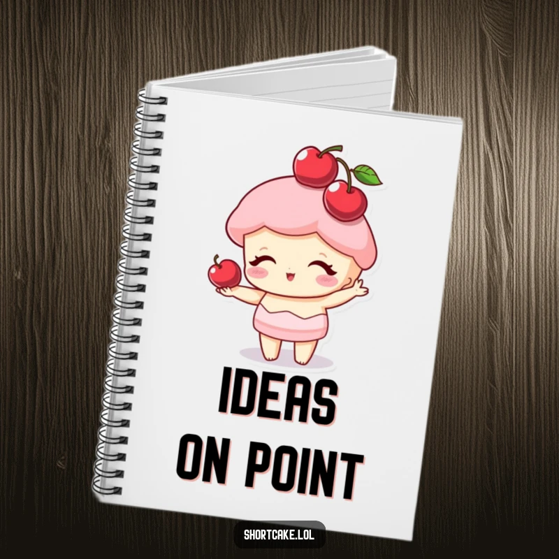 Funny shortcake character balancing a cherry on its point like a hat, a cute and humorous notebook for sweet thoughts.