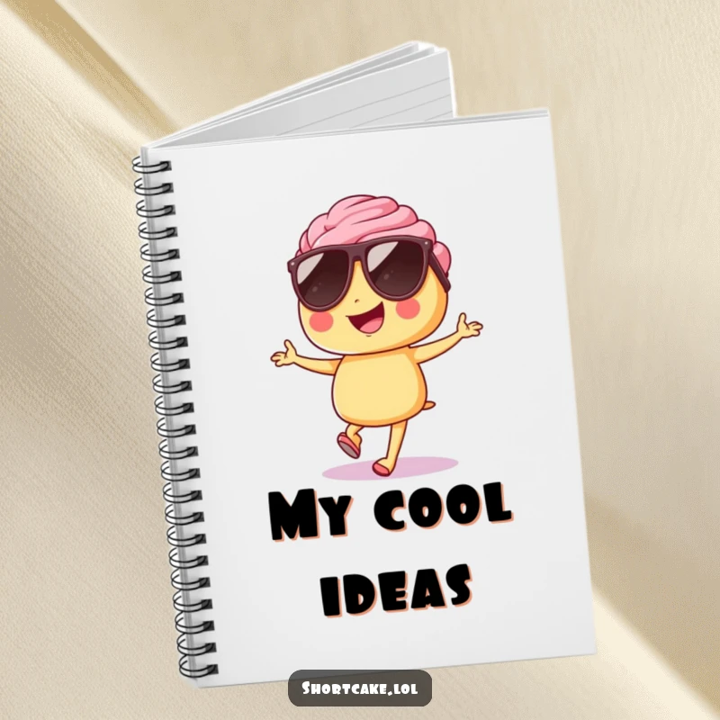 Funny shortcake notebook, sunglasses, hopping with style, cool character, for notes and doodles, humorous.