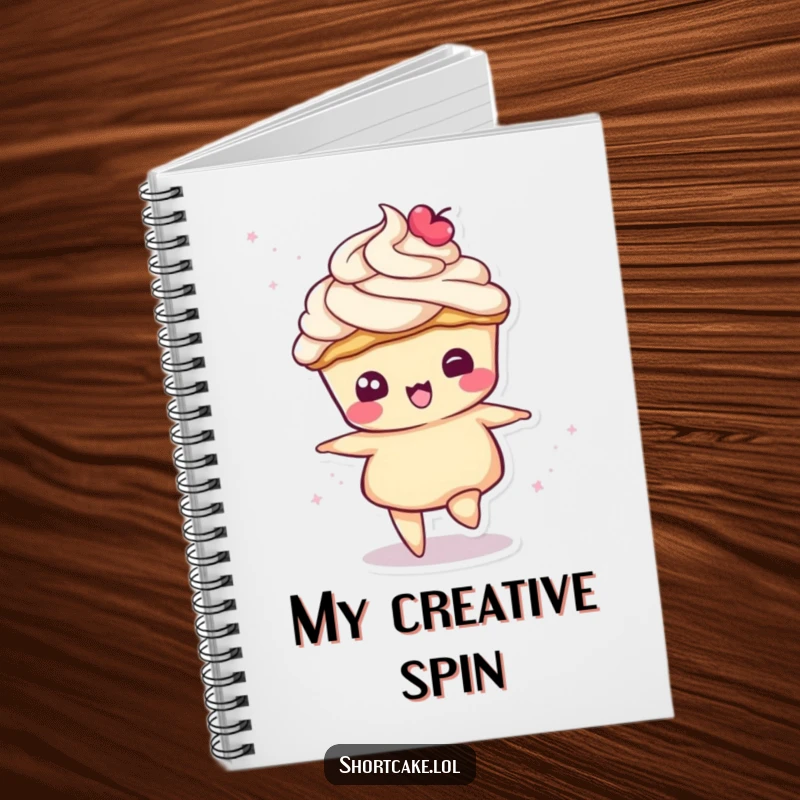 Funny notebook with a shortcake slice character doing a playful spin, its cream topping swirling, great for notes.