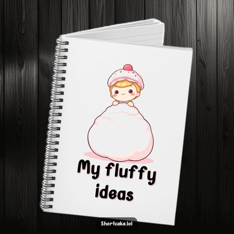 Funny shortcake notebook, sitting on meringue, happy, for notes and recipes, humorous design.