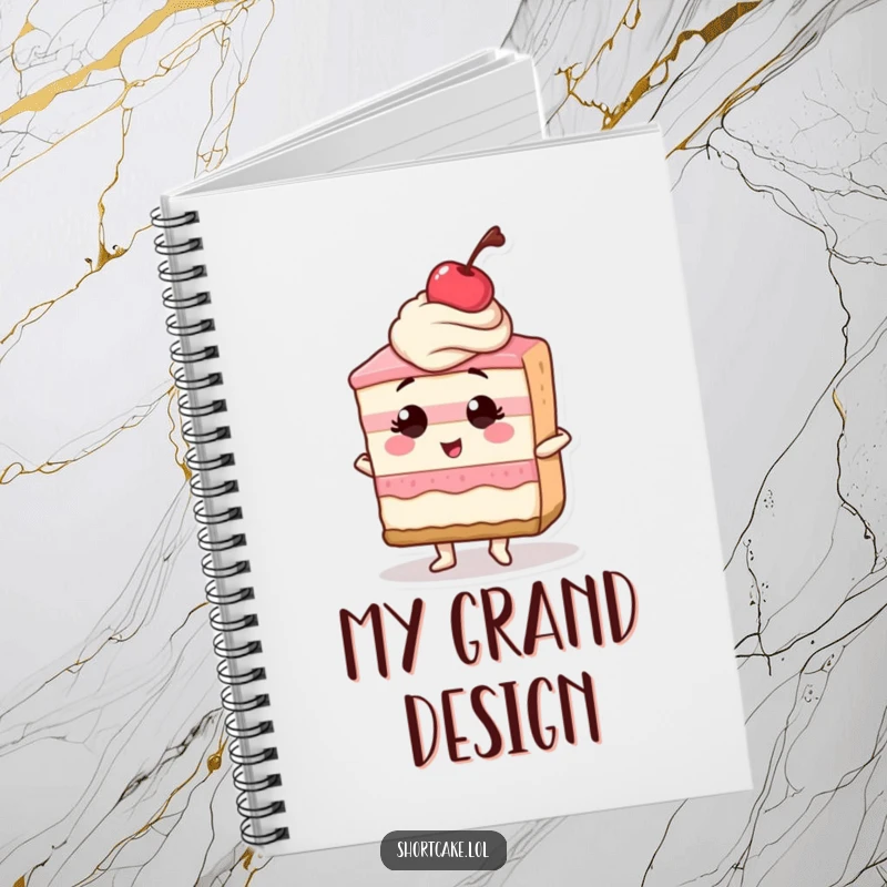 Funny notebook cover with a shortcake slice posing confidently, cherry perfectly placed, encouraging bold and creative writing.