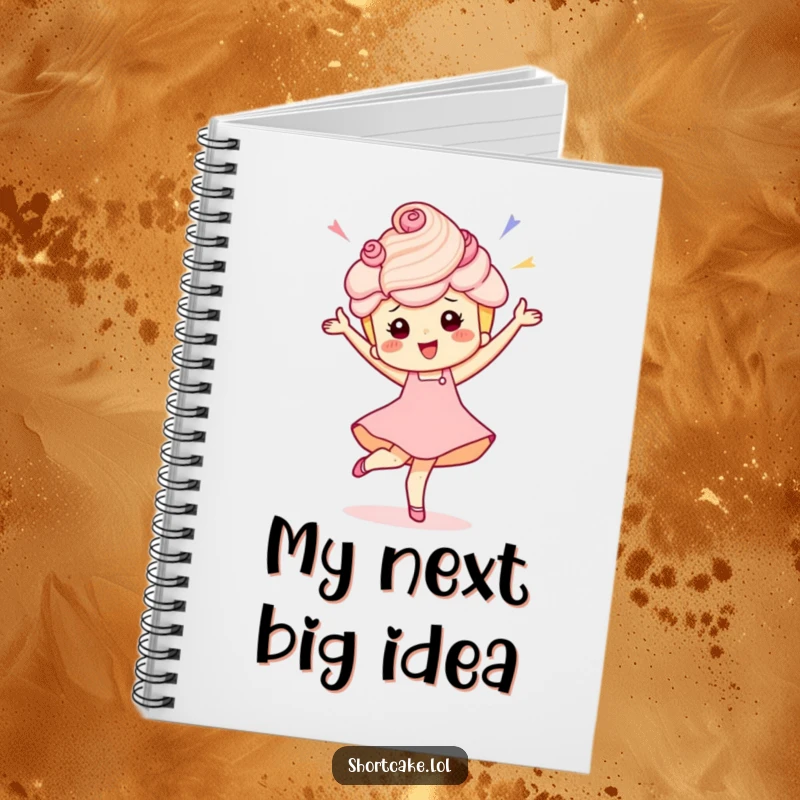 Funny notebook with a shortcake character performing a spirited pirouette, perfect for capturing creative and sweet ideas.