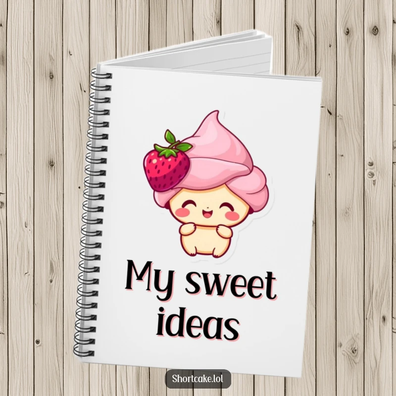 Funny shortcake character with a berry on its head, looking happy, on the cover of a notebook.