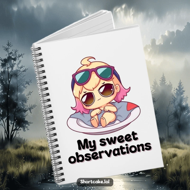 Funny shortcake character lounging on a plate with sunglasses, featured on the cover of a lined notebook.