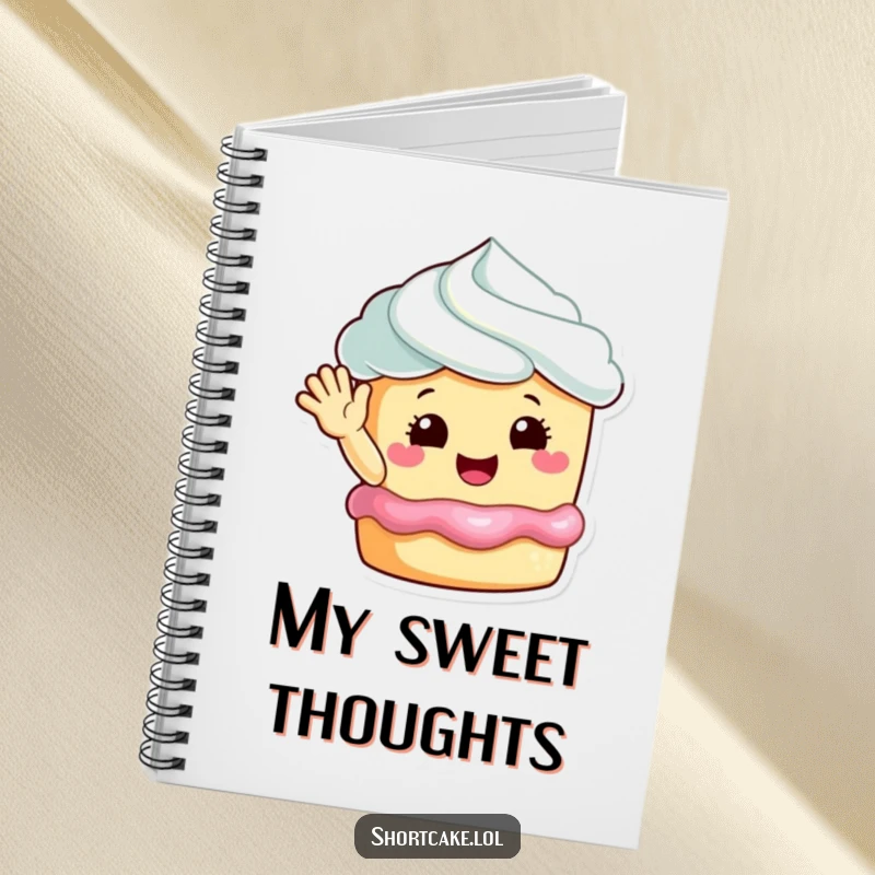 Funny happy shortcake waving notebook, a cheerful dessert character inspiring sweet notes and ideas.