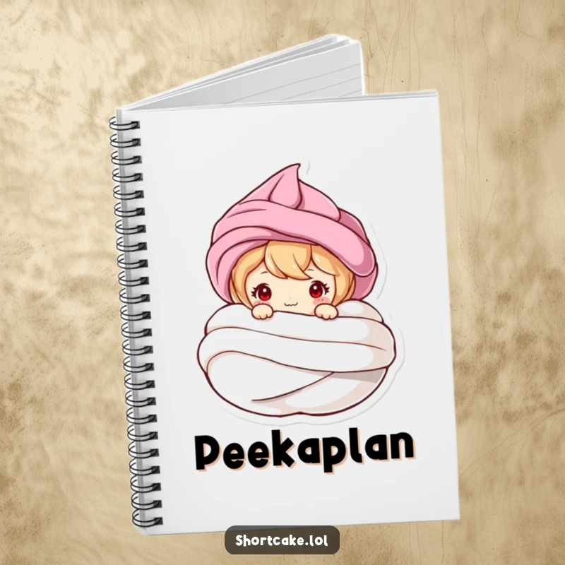Funny notebook with a shortcake character peeking from a meringue swirl, ideal for jotting down notes and funny ideas.