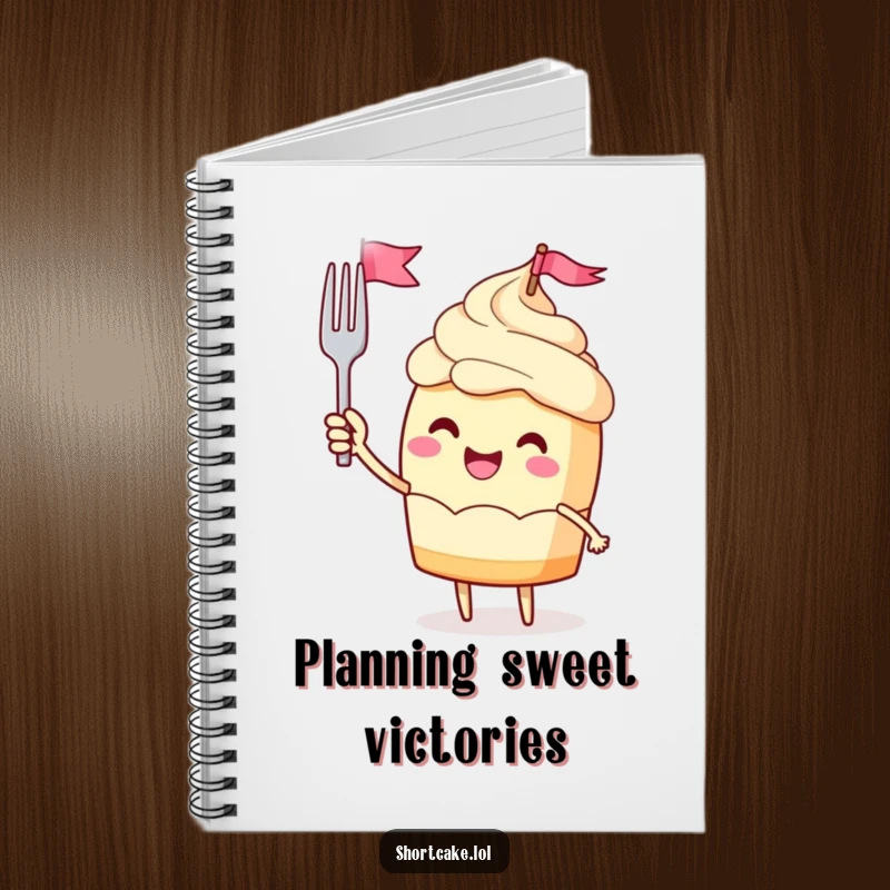 Funny notebook with a jubilant shortcake character waving a miniature fork flag, ideal for recording celebratory ideas.