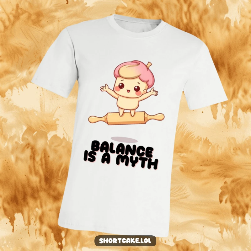 Funny t-shirt graphic: A whimsical shortcake character tumbling wildly on a rolling pin, arms spread wide in a comical panic.
