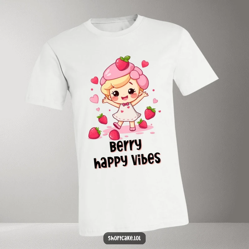 Funny happy shortcake character caught mid-dance with berry juice splatters, featured on a humorous t-shirt.