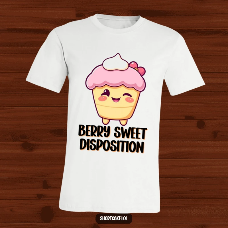 Funny t-shirt showing a shortcake character with cream, winking playfully, a delightful and humorous design for any occasion.