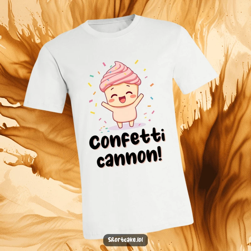 Funny shortcake doing a confetti toss t-shirt, a dessert character joyfully celebrating with a colorful confetti shower.
