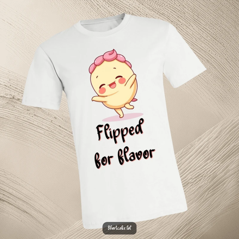 Funny t-shirt showing a giggling shortcake doing a cartwheel, layers askew, capturing joyful movement and humor.