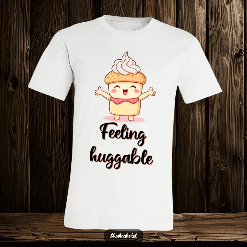Funny shortcake t-shirt displaying a shortcake embracing a dollop of whipped cream with open arms, great for a cozy look.
