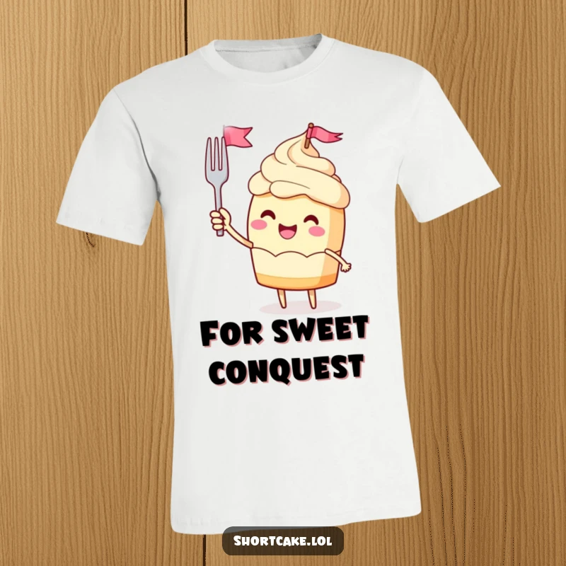 Funny t-shirt with a jubilant shortcake character waving a miniature fork flag, expressing enthusiasm and celebration.