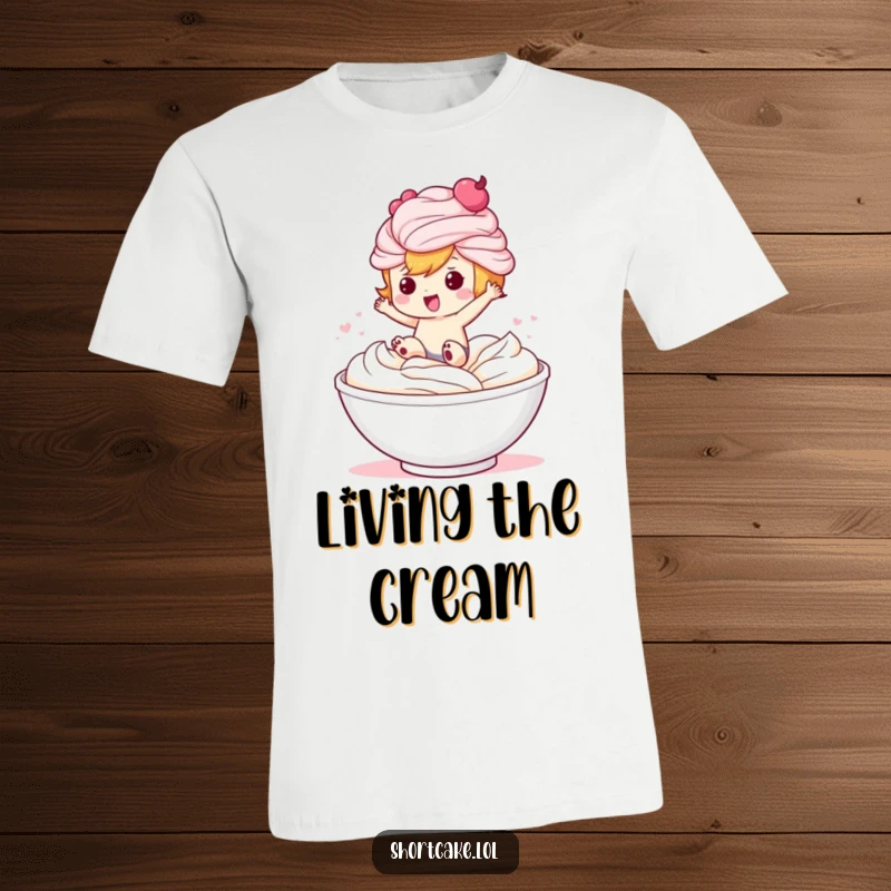 Funny t-shirt featuring a cute shortcake character joyfully jumping headfirst into a generous pile of whipped cream.