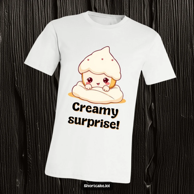 Funny kawaii shortcake character peeking out from cream, making a hilarious, exaggerated funny face. Wearable dessert humor. Gift.