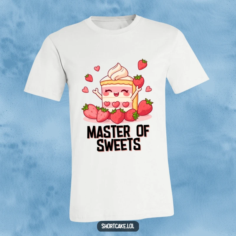 Funny shortcake t-shirt depicting a slice of dessert cheerfully juggling strawberries, a comical and delightful image.