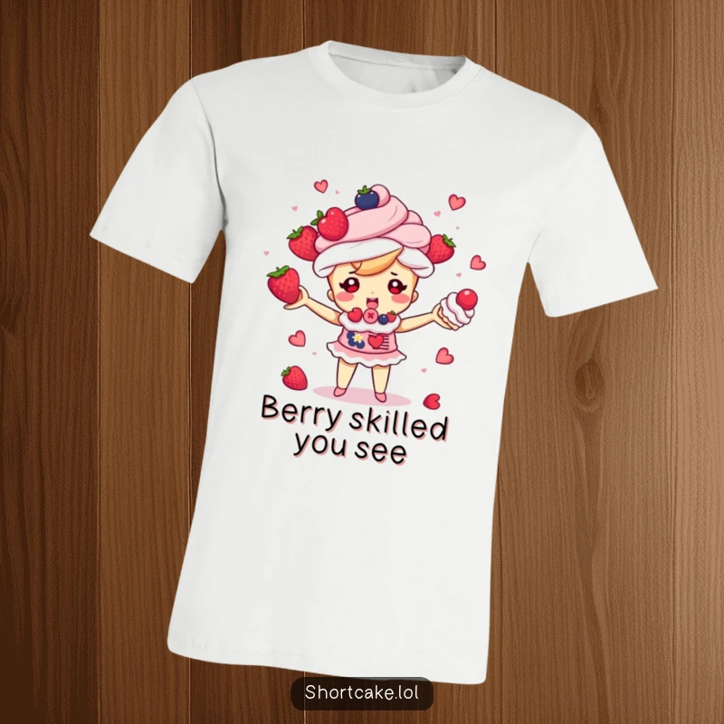 Funny shortcake character juggling berries and cream puffs, cute dessert graphic tee, a funny gift.