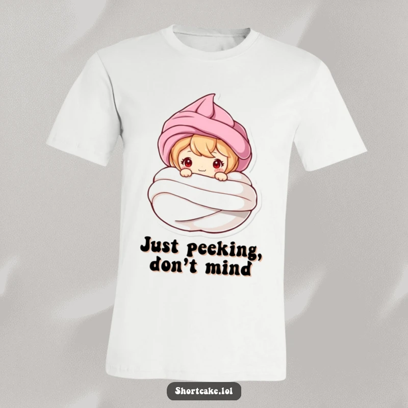 Funny t-shirt featuring a cute shortcake character peeking playfully from behind a fluffy meringue swirl, perfect for dessert lovers.