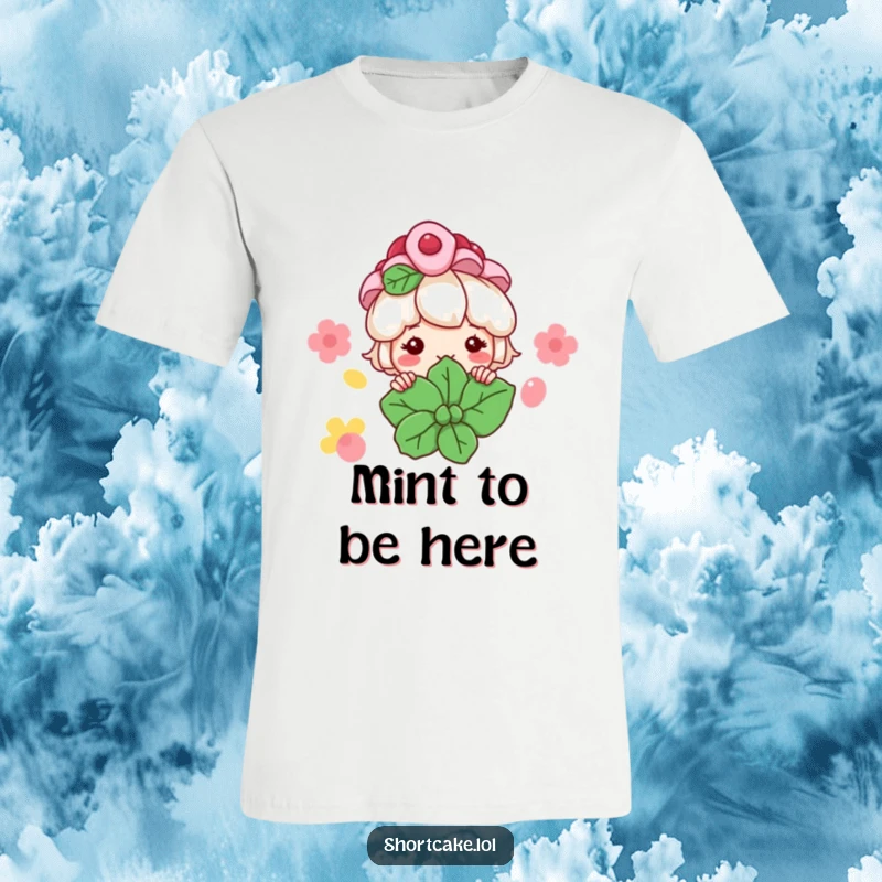 Funny Shortcake T-Shirt: A shortcake character peeks from behind a mint leaf with a cheerful grin, sharing dessert happiness.