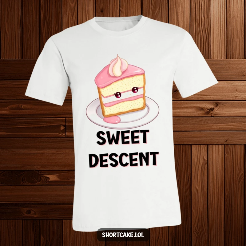 Funny Shortcake Roll T-Shirt. A shortcake slice joyfully rolls down a plate edge, featuring food-themed humor and dessert celebration.