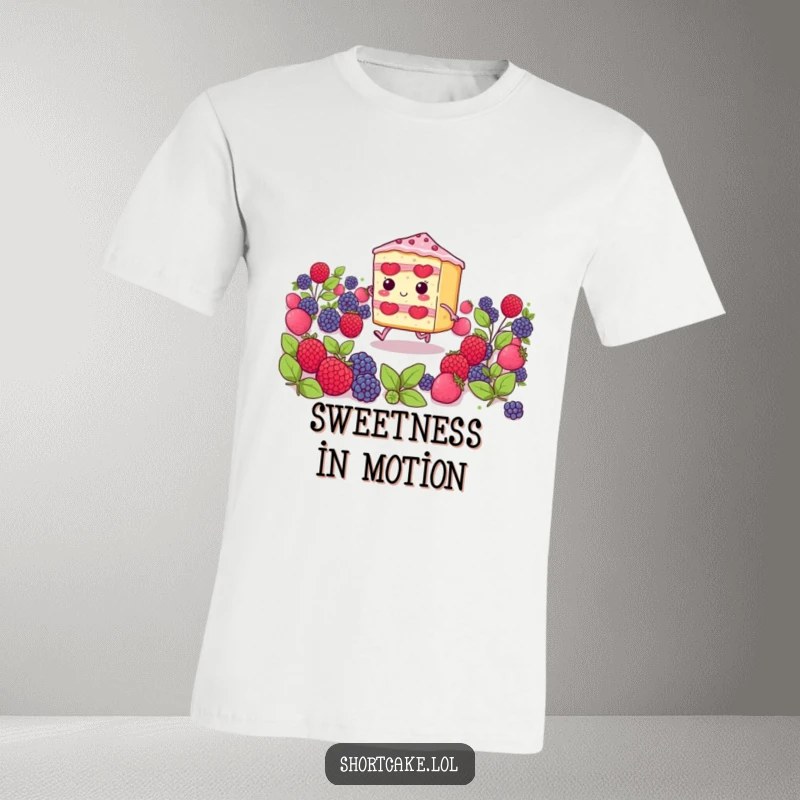 Funny shortcake slice with little legs skipping happily through a berry patch, a humorous t-shirt for dessert enthusiasts.