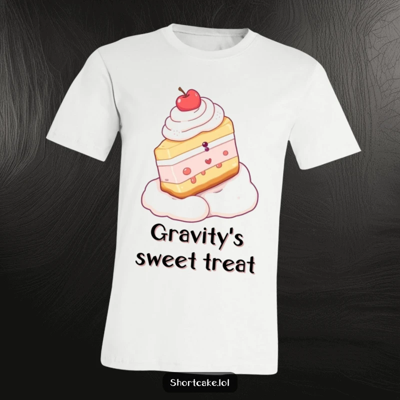 Funny t-shirt with a shortcake slice in mid-slide down a creamy whipped cream slope, looking utterly gleeful.