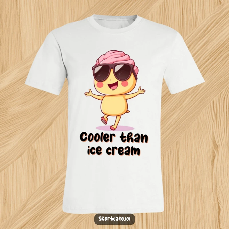Funny shortcake t-shirt, wearing sunglasses, hopping with a confident grin, stylish and humorous, great gift.