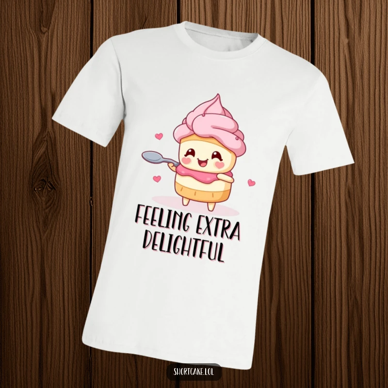 Funny shortcake t-shirt featuring a character with hearts for eyes twirling joyfully with a spoon, vibrant and cute apparel.