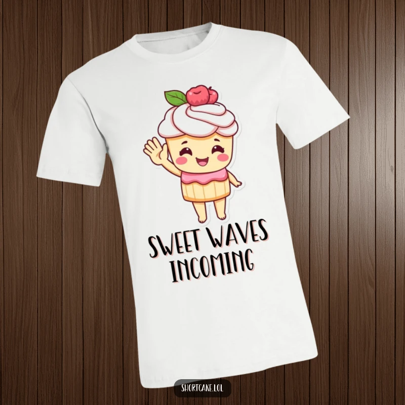 Funny T-Shirt showcasing a cute shortcake character waving cheerfully with a delicious-looking pastry hand, radiating pure happiness.