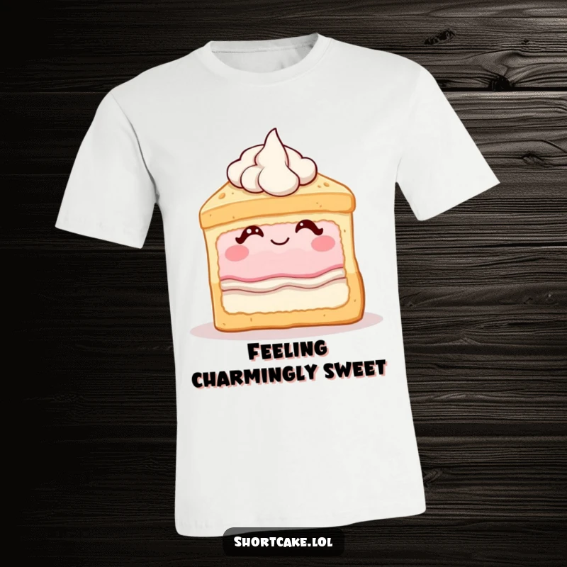 Funny shortcake t-shirt depicting a slice of dessert winking with cream, a charming and humorous image.