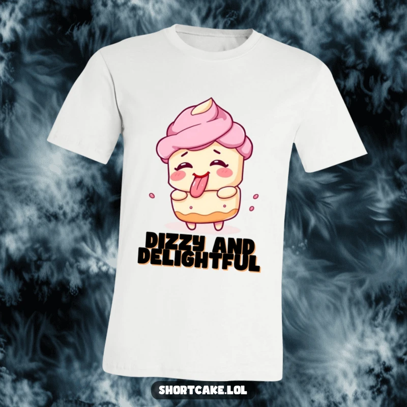 Funny shortcake t-shirt, spinning, making a silly face, tongue out, playful and amusing, great gift.
