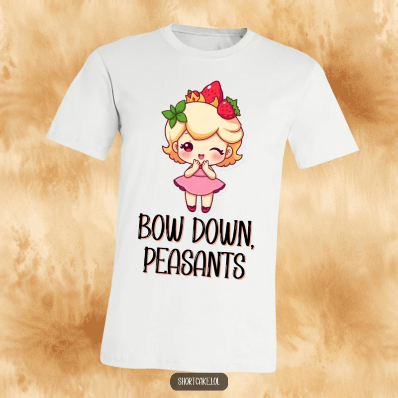 Funny shortcake character wearing a strawberry crown and doing a curtsy, a humorous t-shirt for charming individuals.