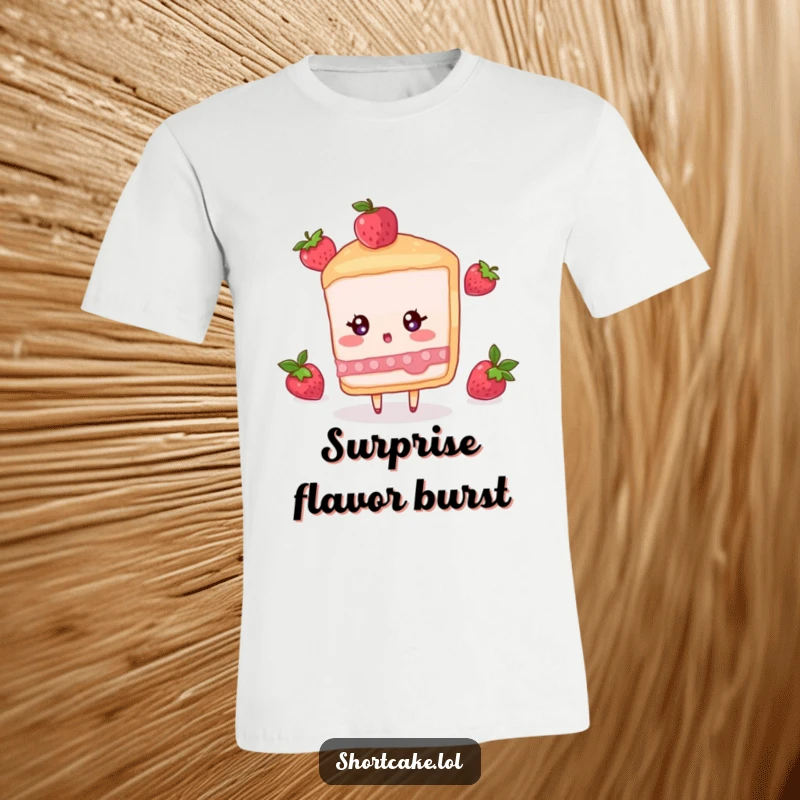 Funny T-shirt displaying a shortcake slice character looking shocked by an incoming falling berry, capturing sweet surprise.