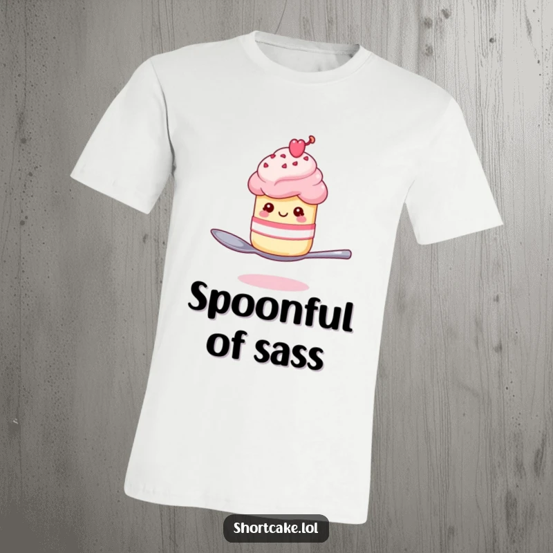 Funny shortcake winking on a spoon t-shirt, a dessert character performing a daring balancing act with a smile.