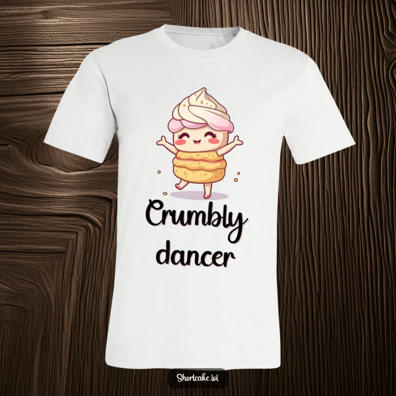 Funny kawaii shortcake performing a wobbly dance, layers threatening to crumble, a humorous and energetic scene. Wearable fun. Gift.