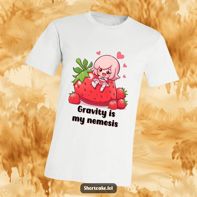 Funny shortcake character falling on a giant strawberry, cute dessert graphic tee, a funny gift.
