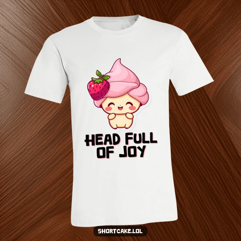 Funny shortcake character with a berry on its head, smiling happily, printed on a comfortable t-shirt.