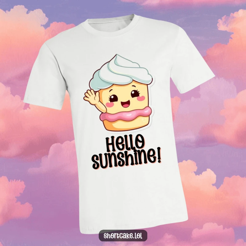 Funny happy shortcake waving t-shirt, a delightful dessert character with a friendly wave, perfect for cheerful occasions.