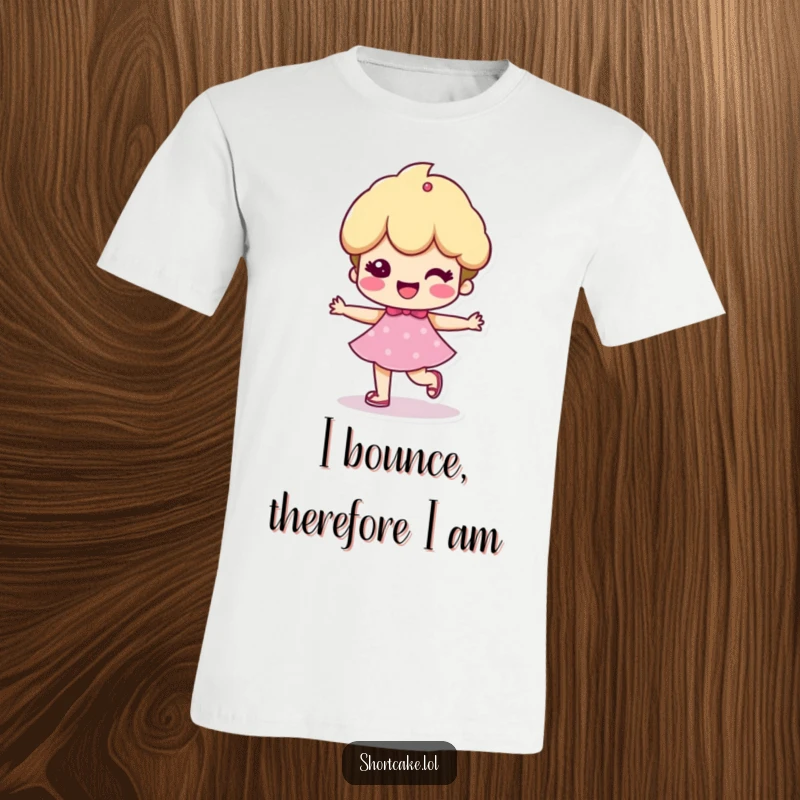 Funny t-shirt showing a shortcake character with a cheerful, bouncy step, perfect for spreading positivity and good vibes.