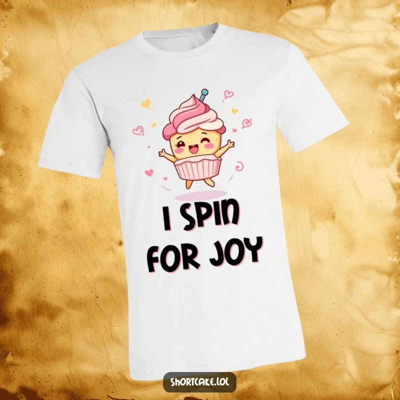 Funny shortcake character t-shirt, doing a celebratory spin with frosting swirls, sweet party graphic, perfect funny gift.