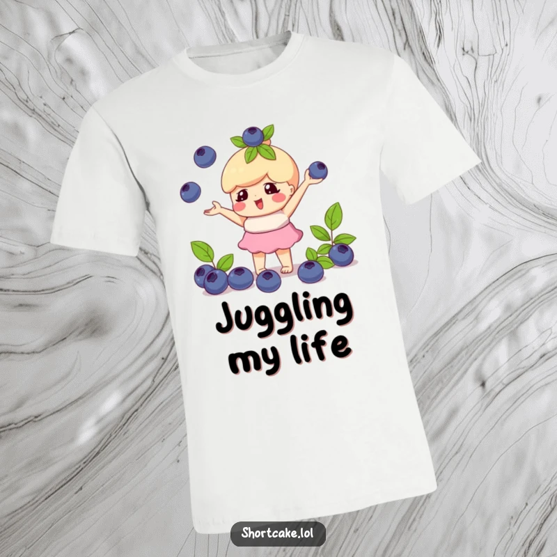 Funny t-shirt with a shortcake character playfully juggling blueberries, showcasing a fun and skillful design.