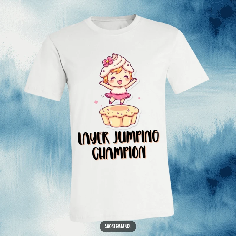 Funny Leaping Shortcake T-Shirt depicting a dessert character in mid-air, celebrating action and making a great funny gift.