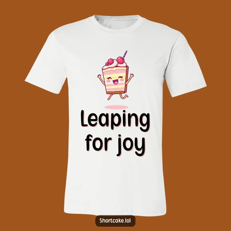 Funny Shortcake Slice T-Shirt: Joyful Leap Character, Hilarious Tee for Dessert Enthusiasts
