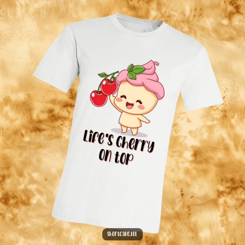 Funny t-shirt with a smiling shortcake character gleefully stretching out its arms to grab a juicy cherry.
