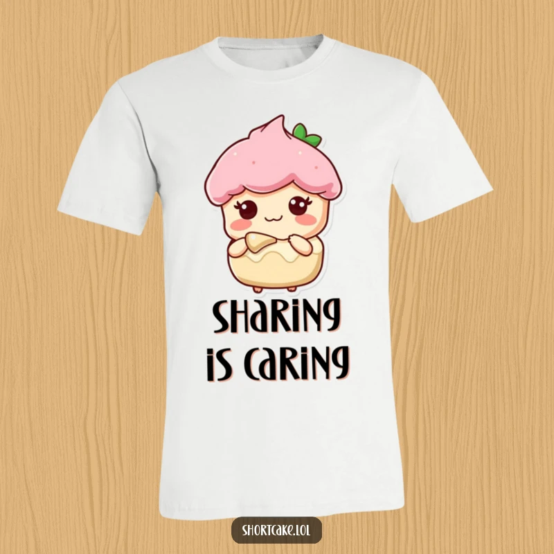 Funny T-shirt showing a shortcake slice character with a sweet, inviting expression, offering a bite to share.