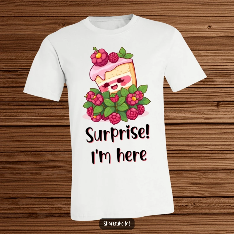 Funny Shortcake Surprise T-Shirt. A shortcake slice comically pops out of a berry bush with a surprised look, featuring food-themed humor.