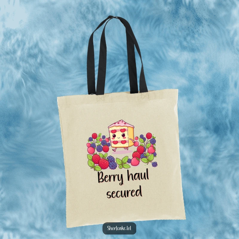 Funny shortcake slice with tiny legs skipping through berries, a cute and humorous tote bag for stylish errands.