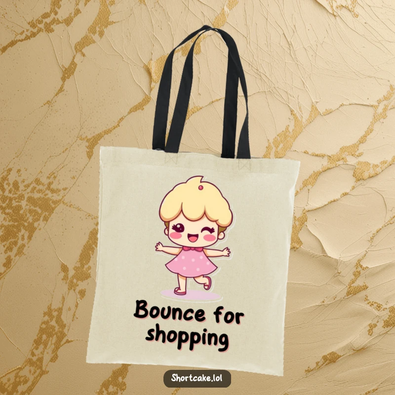 Funny tote bag featuring a shortcake character with a cheerful, bouncy step, perfect for carrying items with a happy, energetic vibe.