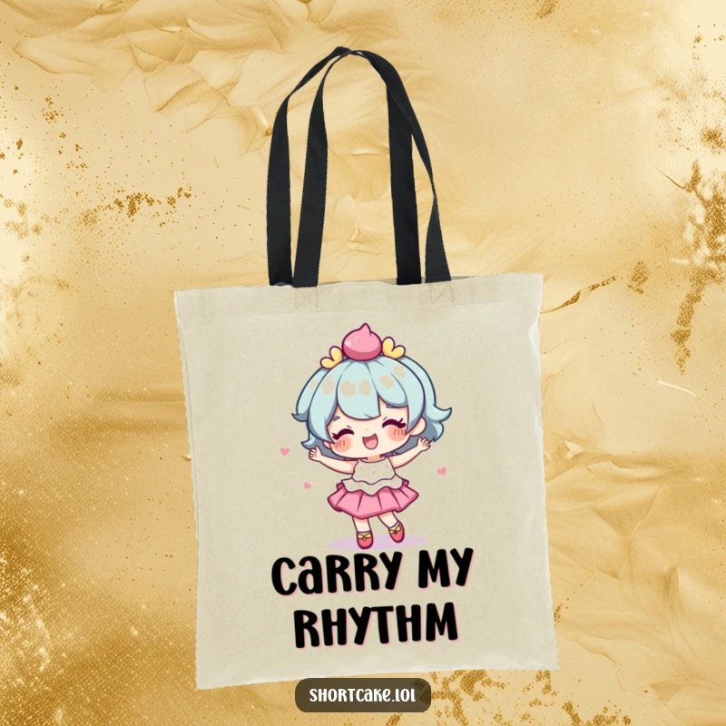 Funny tote bag of a shortcake character performing a delightful, wobbly dance with pure joy.